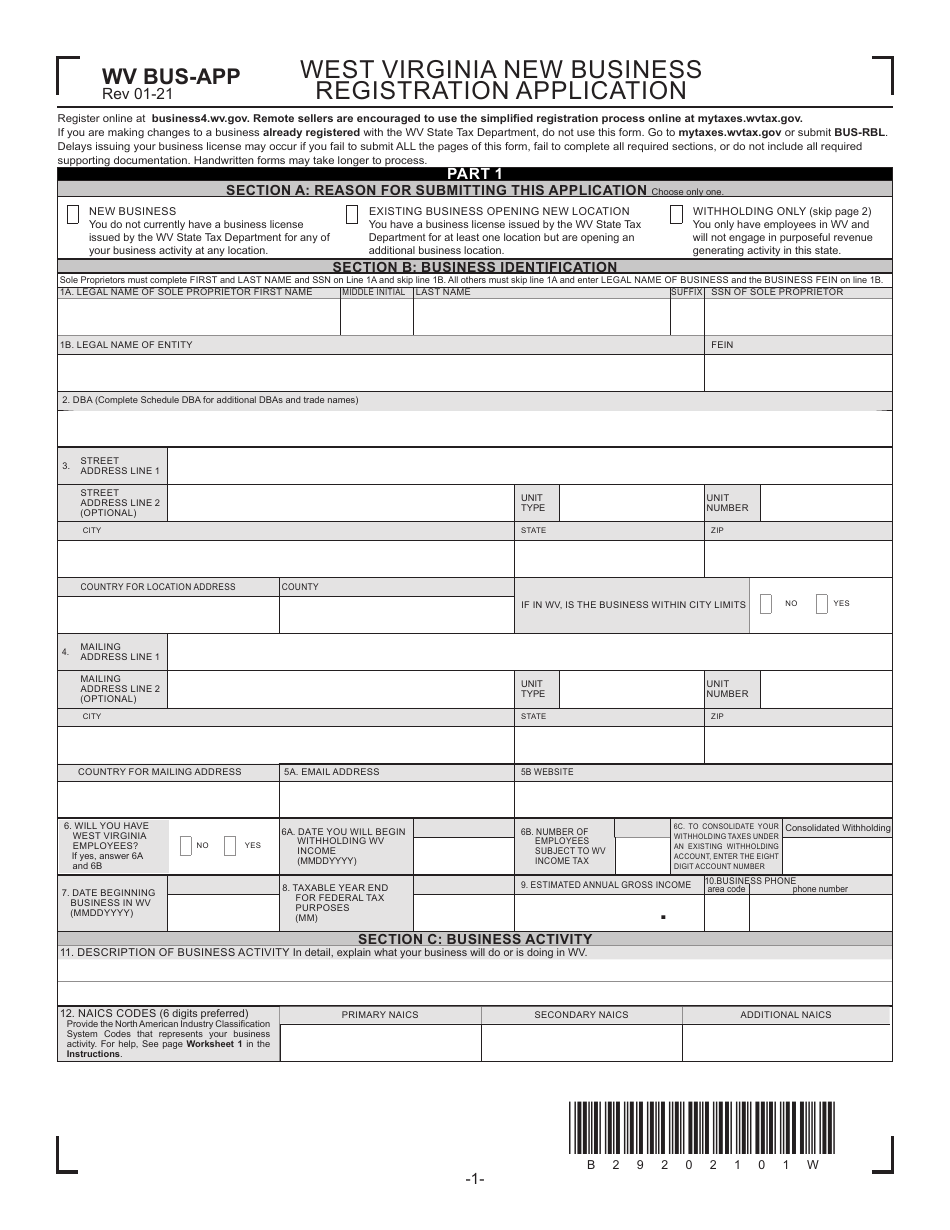 Form BUS-APP West Virginia New Business Registration Application - West Virginia, Page 1