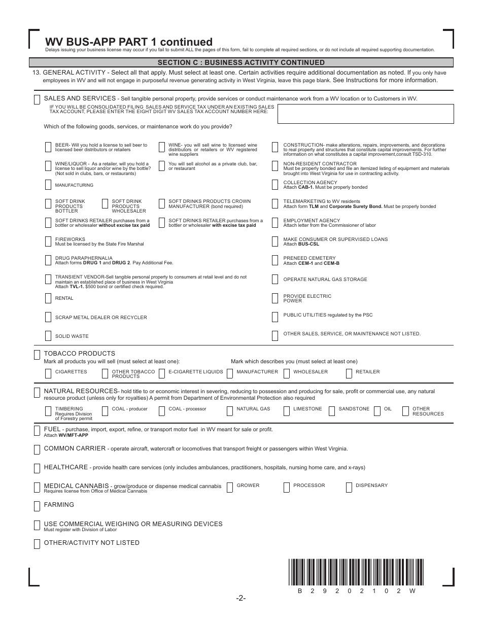 Form BUS-APP West Virginia New Business Registration Application - West Virginia, Page 2