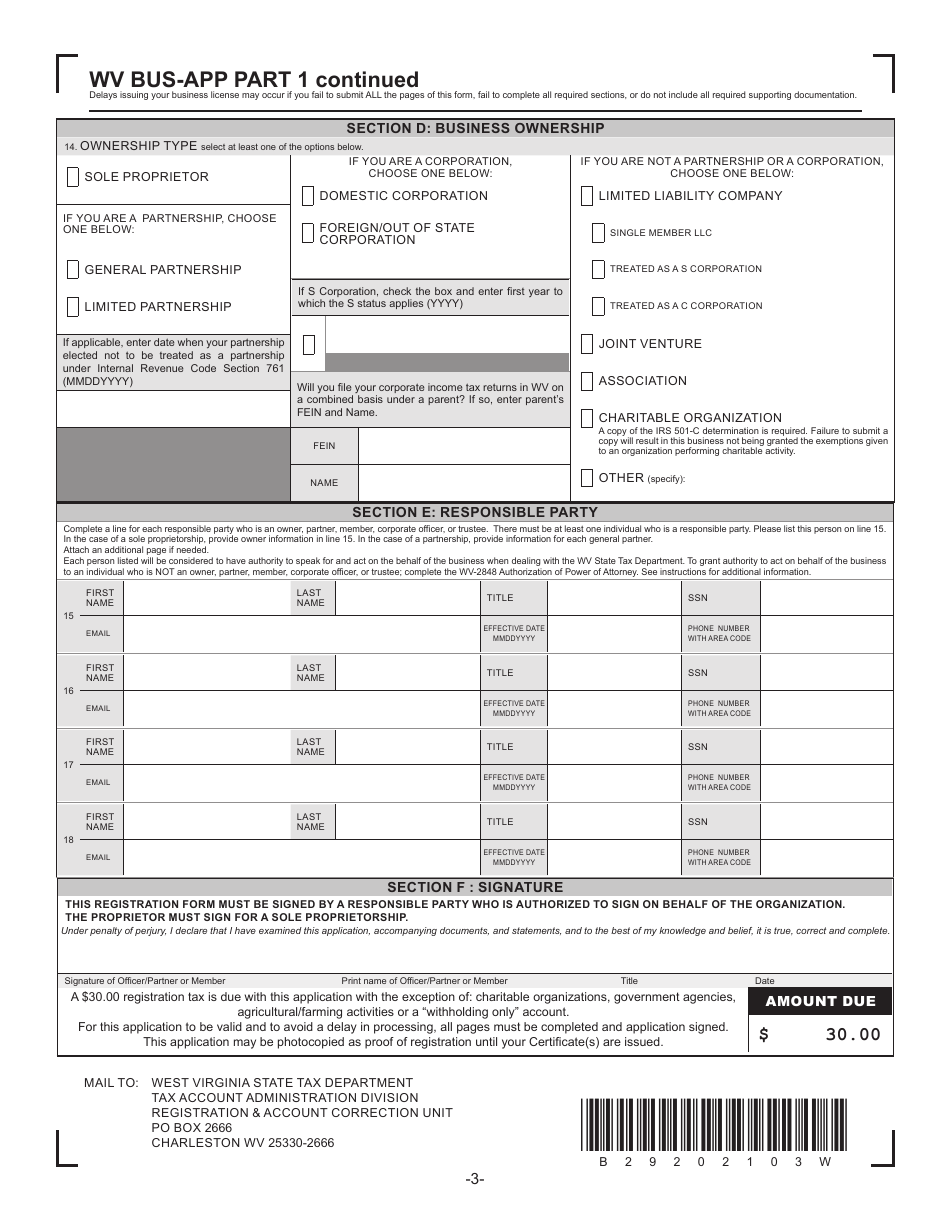 Form BUS-APP West Virginia New Business Registration Application - West Virginia, Page 3