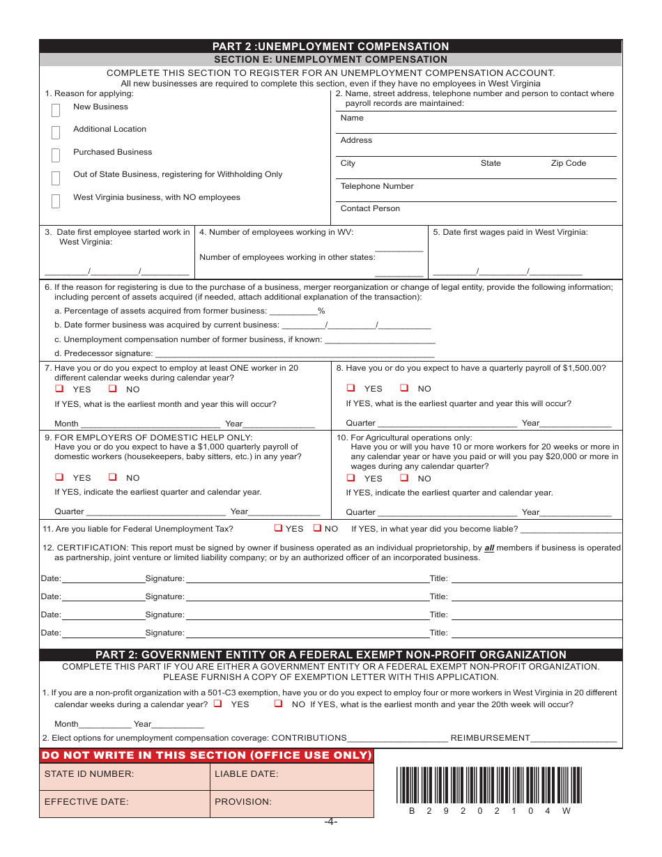 Form BUS-APP West Virginia New Business Registration Application - West Virginia, Page 4