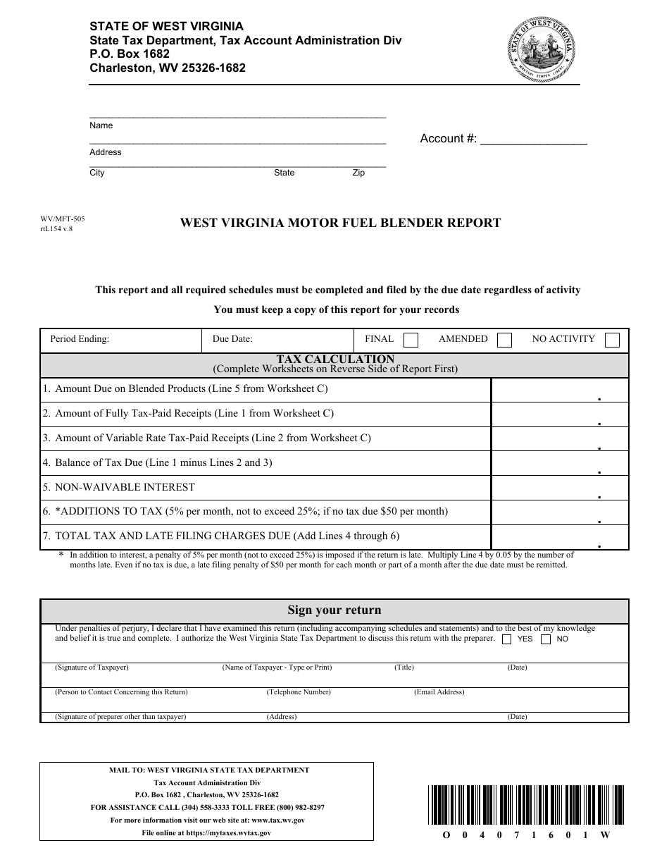 Form WV/MFT-505 West Virginia Motor Fuel Blender Report - West Virginia, Page 1
