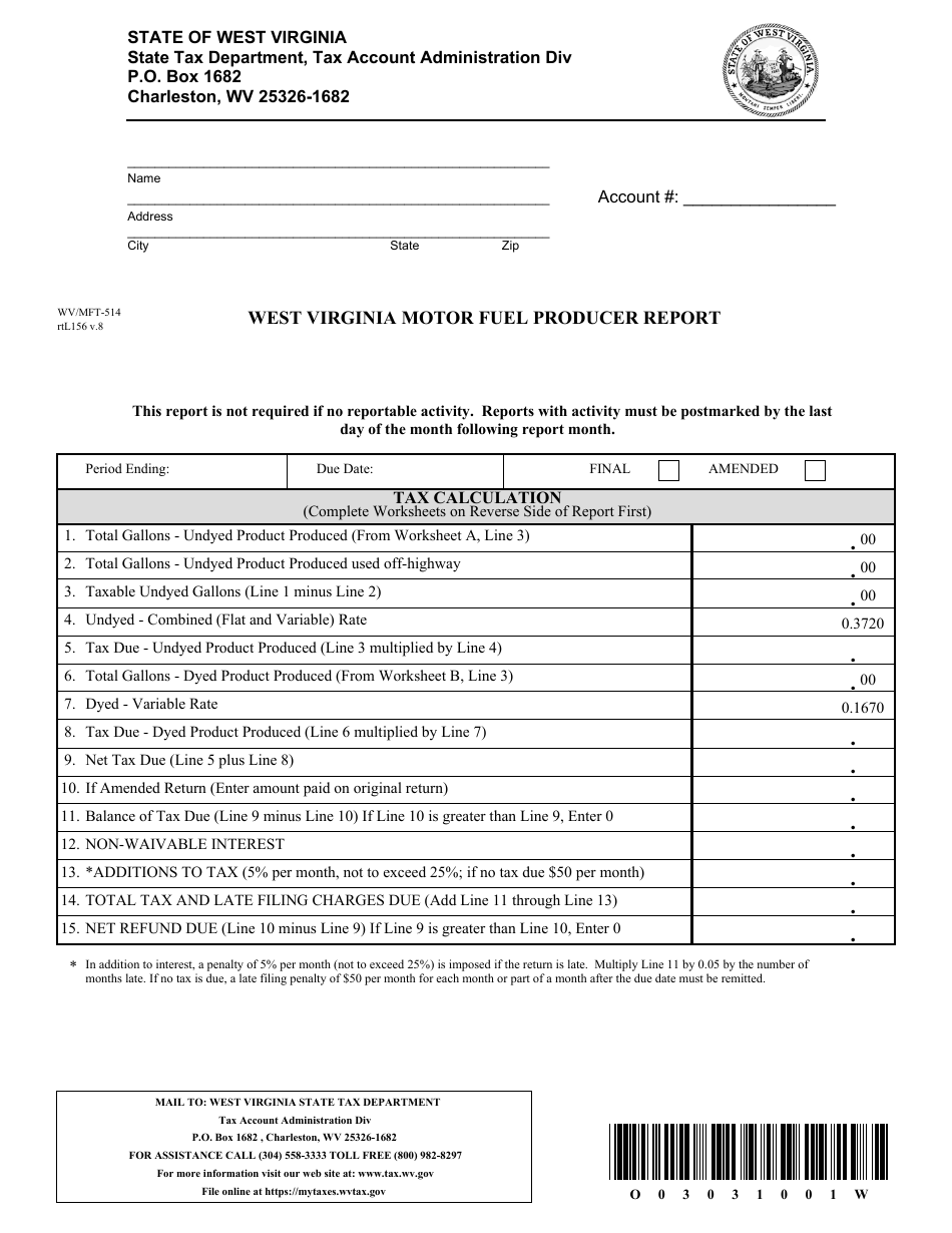 Form WV / MFT-514 West Virginia Motor Fuel Producer Report - West Virginia, Page 1