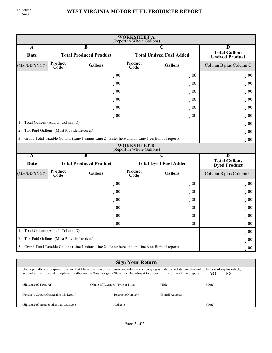 Form WV / MFT-514 West Virginia Motor Fuel Producer Report - West Virginia, Page 2