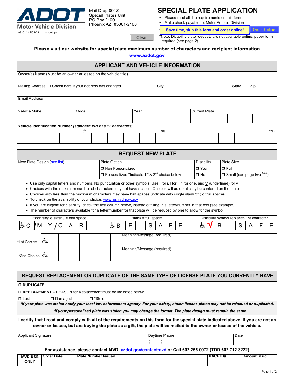 Form 96-0143 Special Plate Application - Arizona, Page 1