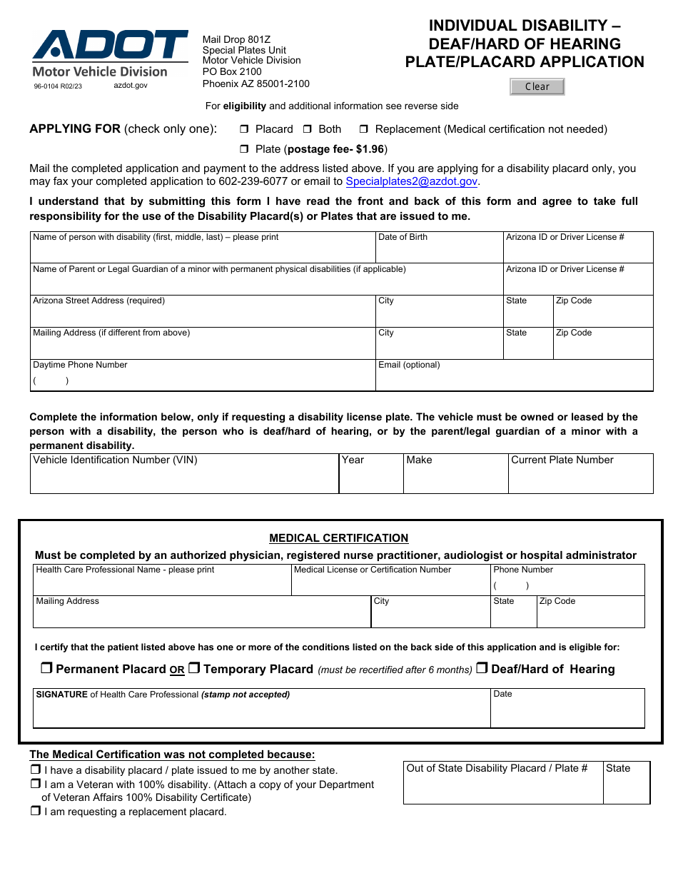 Form 96-0104 Individual Disability - Deaf / Hard of Hearing Plate / Placard Application - Arizona, Page 1
