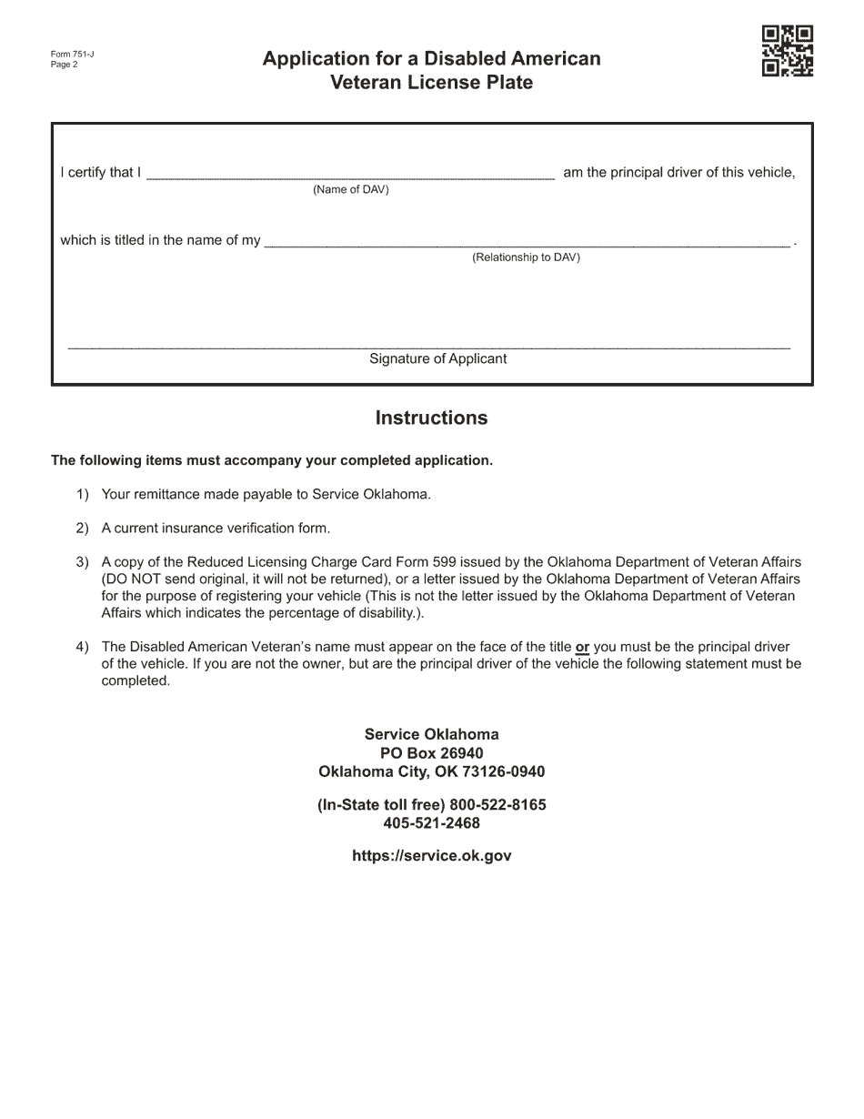 Form 751-J Application for a Disabled American Veteran License Plate - Oklahoma, Page 2