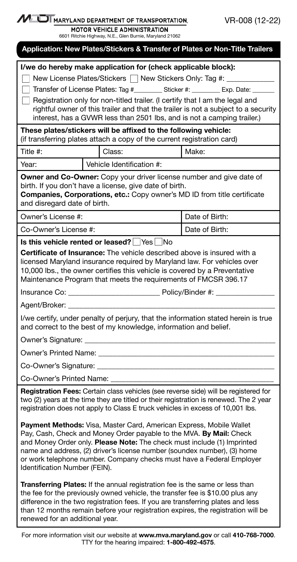 Form VR-008 Application: New Plates / Stickers  Transfer of Plates or Non-title Trailers - Maryland, Page 1