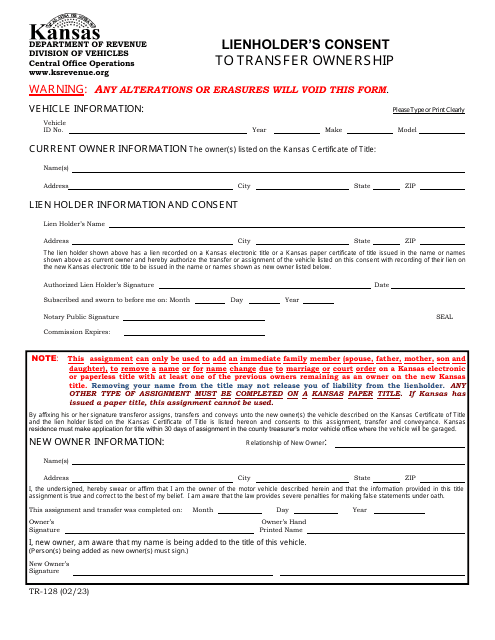 Form TR-128 Lienholder's Consent to Transfer Ownership - Kansas