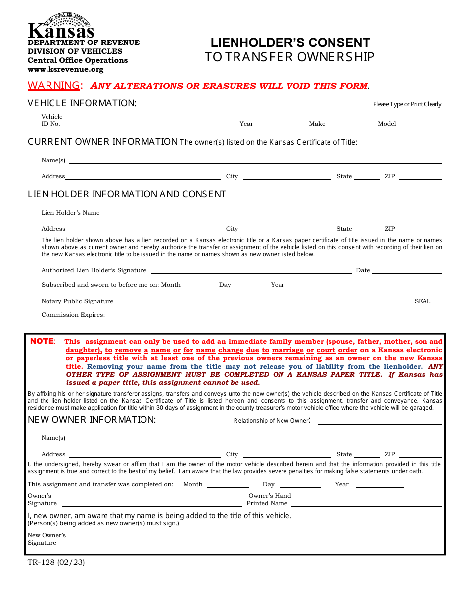 Form TR-128 Lienholders Consent to Transfer Ownership - Kansas, Page 1