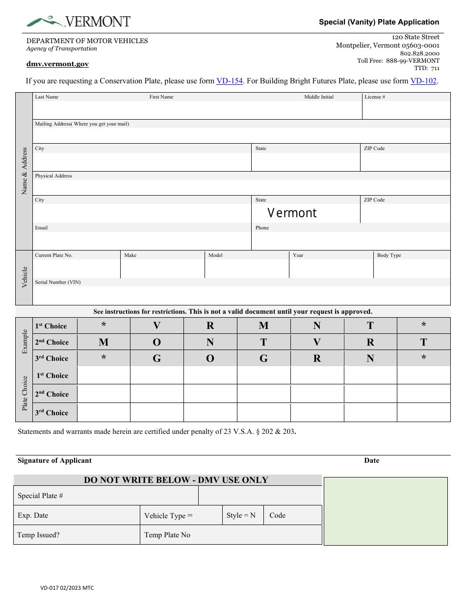 Form VD-017 Special (Vanity) Plate Application - Vermont, Page 1