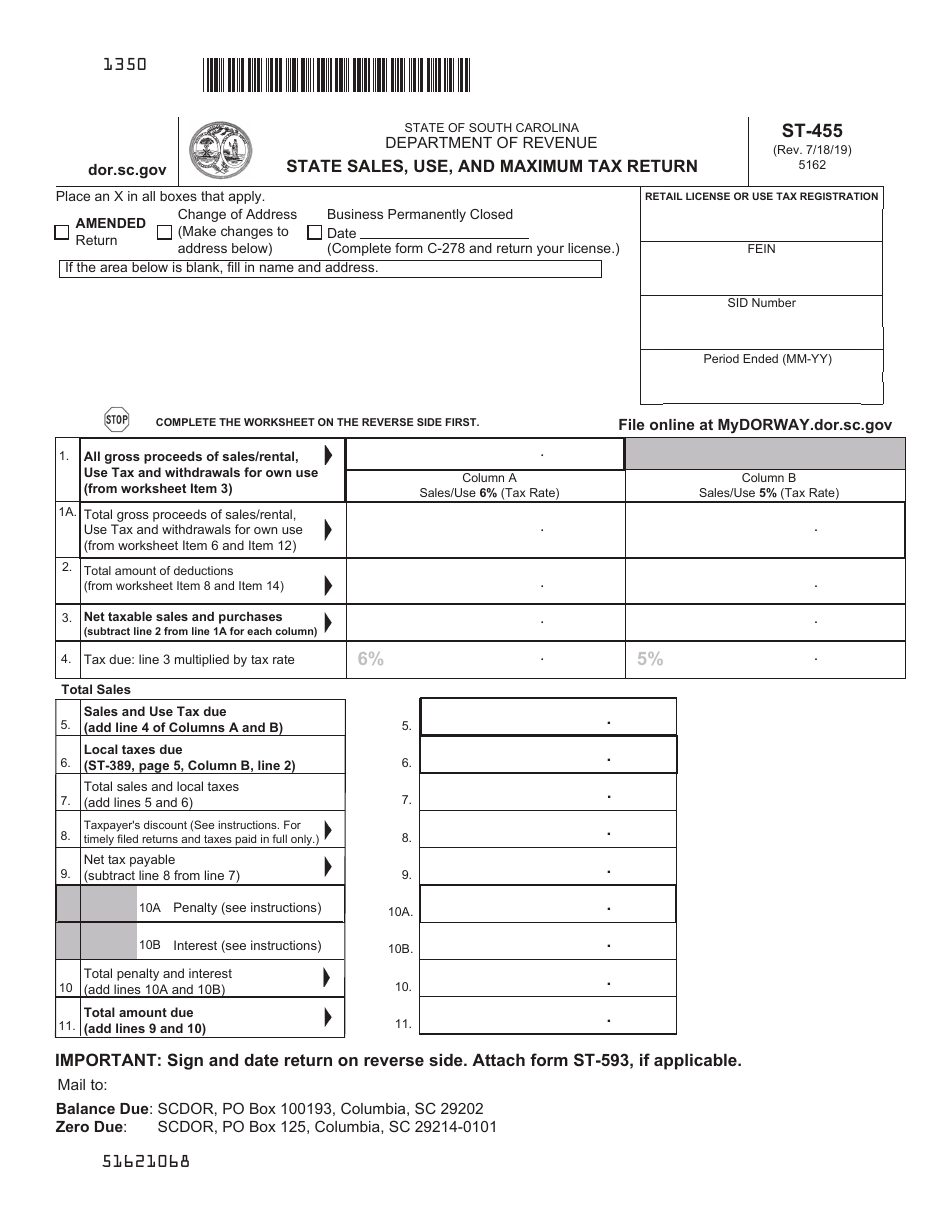 Form ST-455 State Sales, Use, and Maximum Tax Return - South Carolina, Page 2