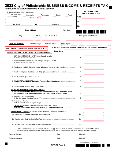 Form BIRT-EZ Business Income & Receipts Tax for Business Conducted 100% in Philadelphia - City of Philadelphia, Pennsylvania, 2022