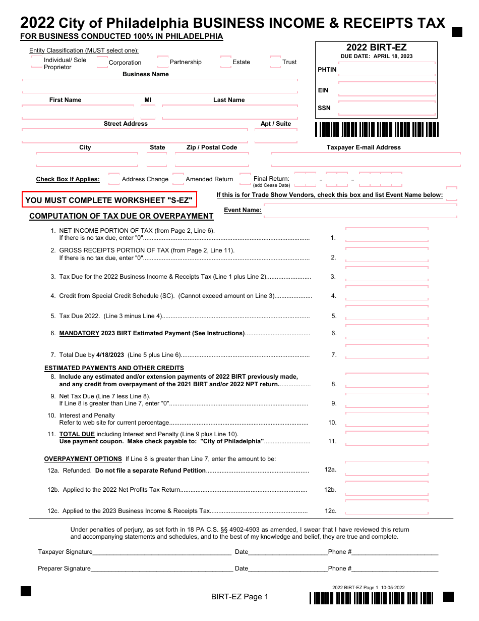 Form BIRT-EZ Business Income  Receipts Tax for Business Conducted 100% in Philadelphia - City of Philadelphia, Pennsylvania, Page 1