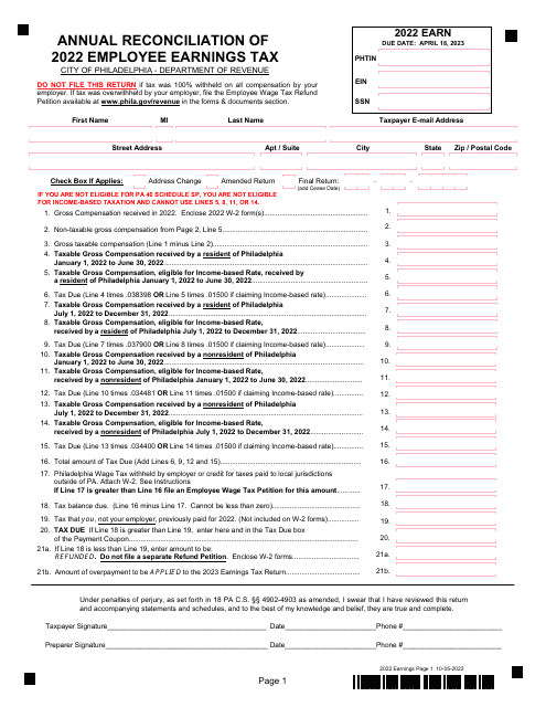 Annual Reconciliation of Employee Earnings Tax - City of Philadelphia, Pennsylvania Download Pdf