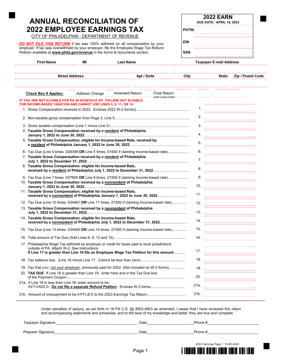 Annual Reconciliation of Employee Earnings Tax - City of Philadelphia, Pennsylvania, Page 1