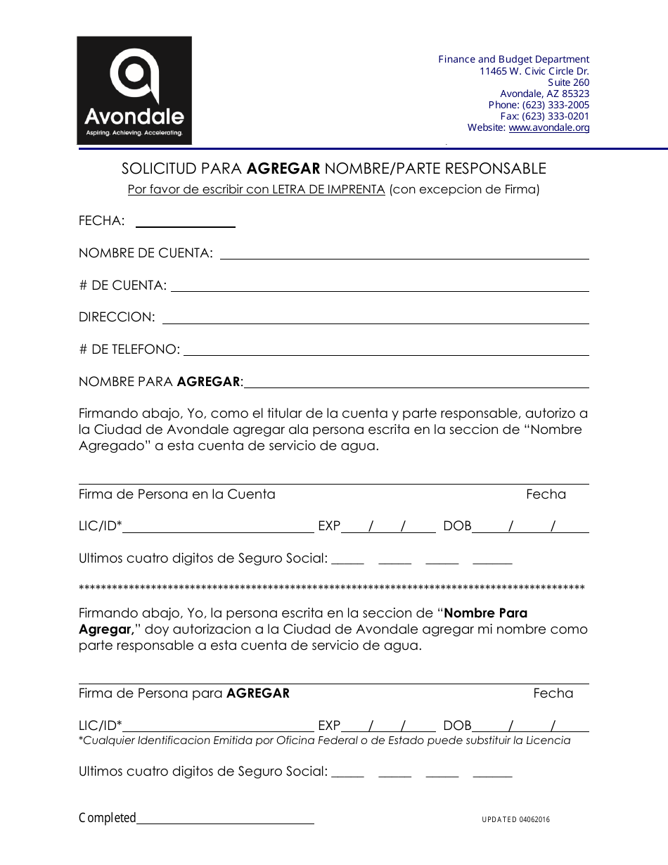 Solicitud Para Agregar Nombre / Parte Responsable - City of Avondale, Arizona (Spanish), Page 1