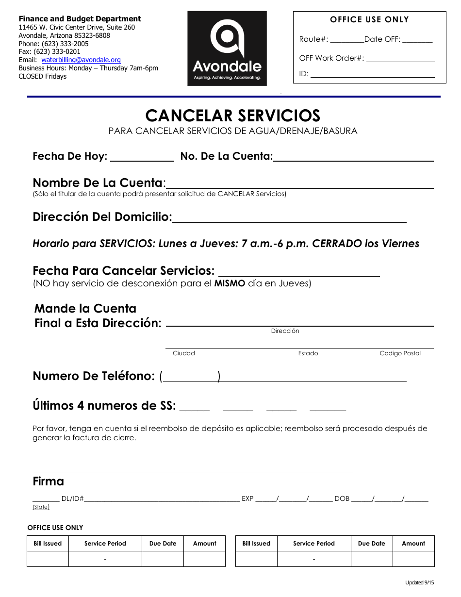 Cancelar Servicios - Para Cancelar Servicios De Agua / Drenaje / Basura - City of Avondale, Arizona (Spanish), Page 1