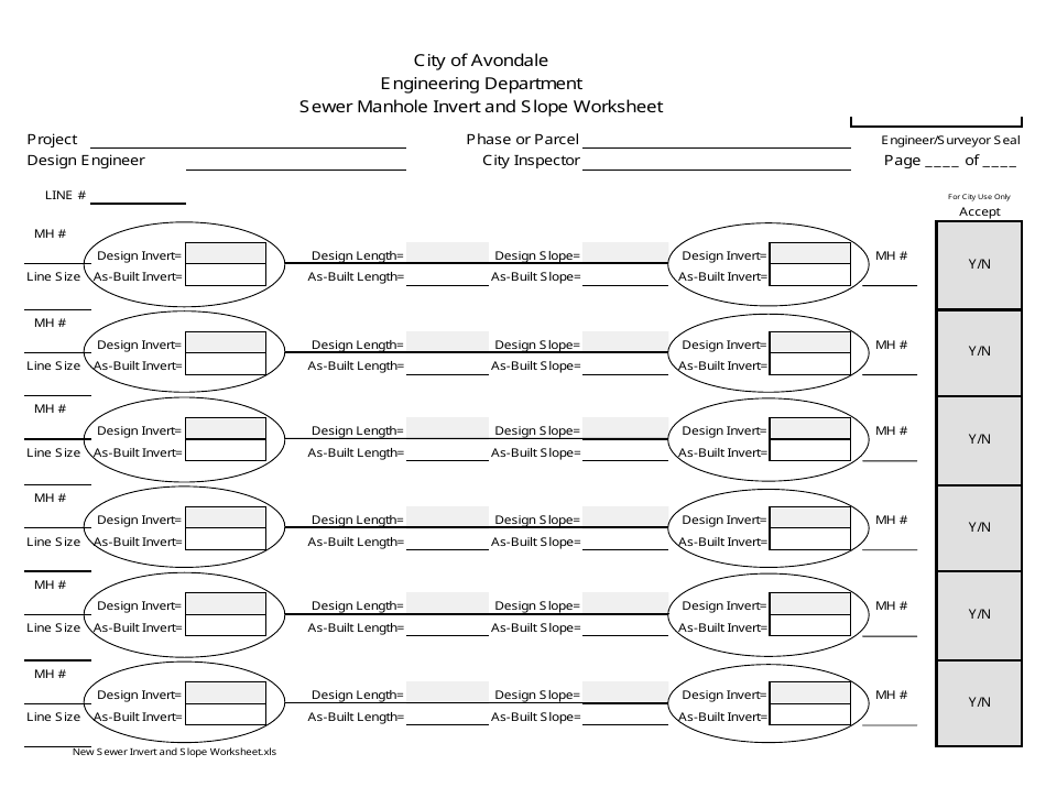 Sewer Manhole Invert and Slope Worksheet - City of Avondale, Arizona, Page 1