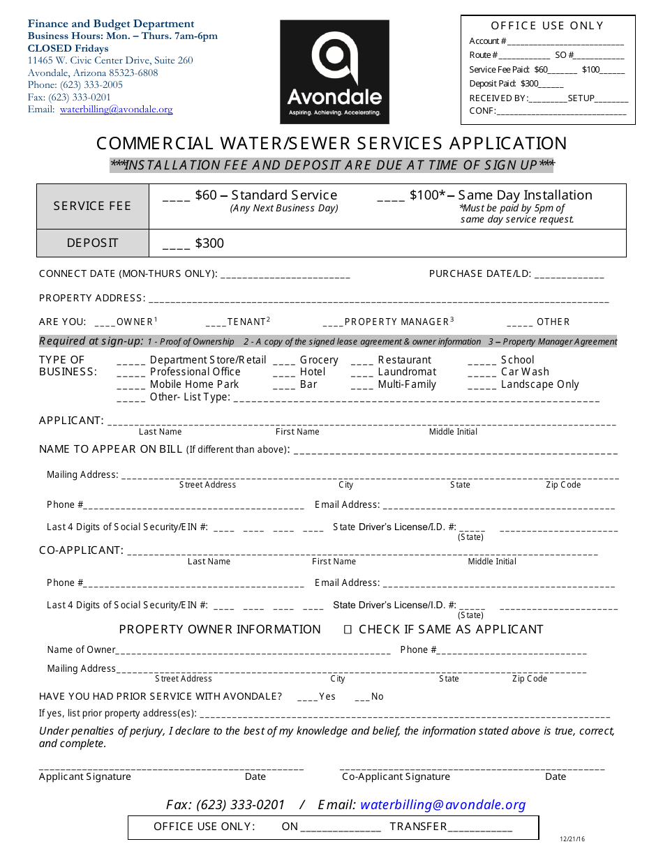 City Of Avondale Arizona Commercial Water Sewer Services Application