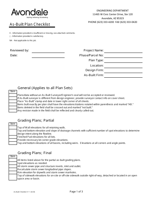 As-Built Plan Checklist - City of Avondale, Arizona