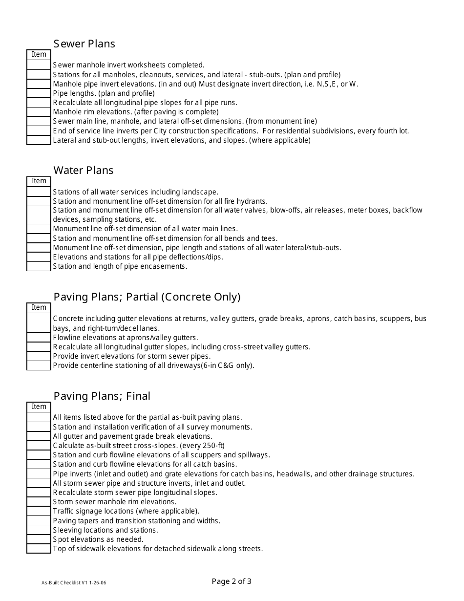 City of Avondale, Arizona AsBuilt Plan Checklist Fill Out, Sign
