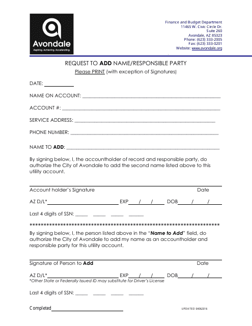 Request to Add Name / Responsible Party - City of Avondale, Arizona Download Pdf