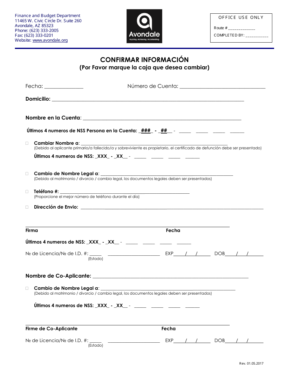 Confirmar Informacion - City of Avondale, Arizona (Spanish), Page 1