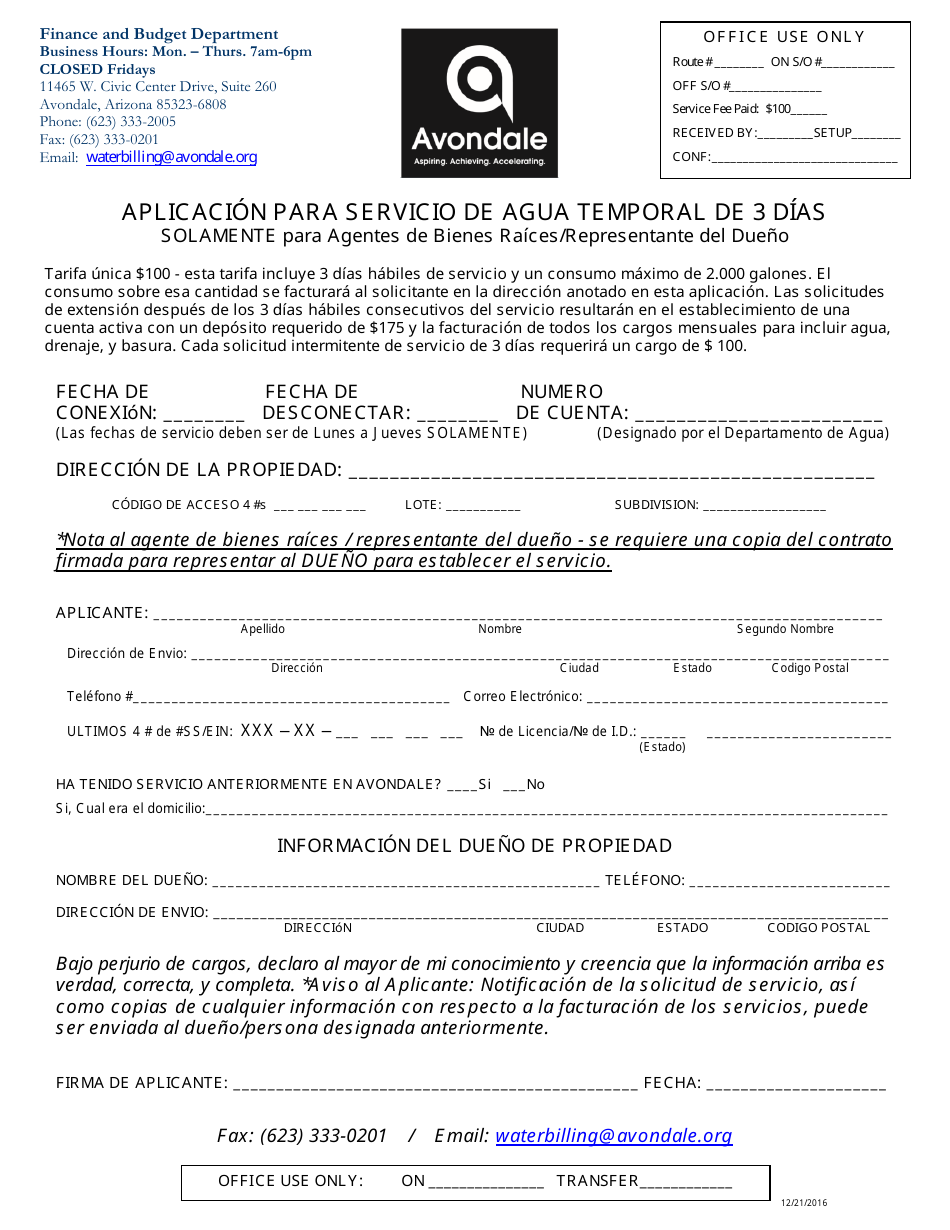Aplicacion Para Servicio De Agua Temporal De 3 Dias - Solamente Para Agentes De Bienes Raices / Representante Del Dueno - City of Avondale, Arizona (Spanish), Page 1