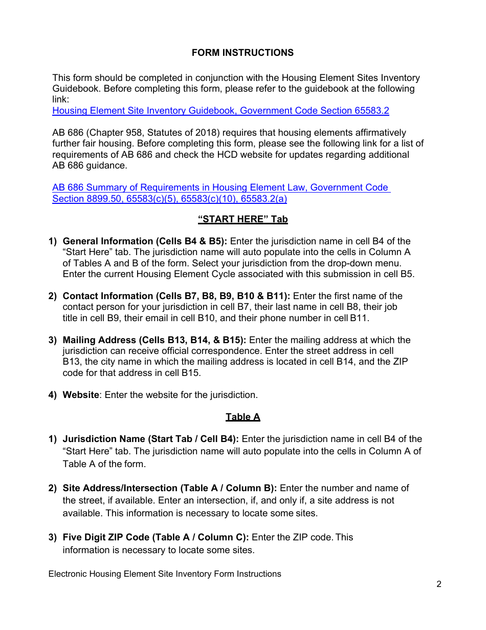 Instructions for Electronic Housing Element Sites Inventory Form - California, Page 2