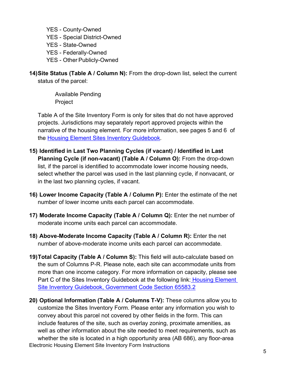 Instructions for Electronic Housing Element Sites Inventory Form - California, Page 5