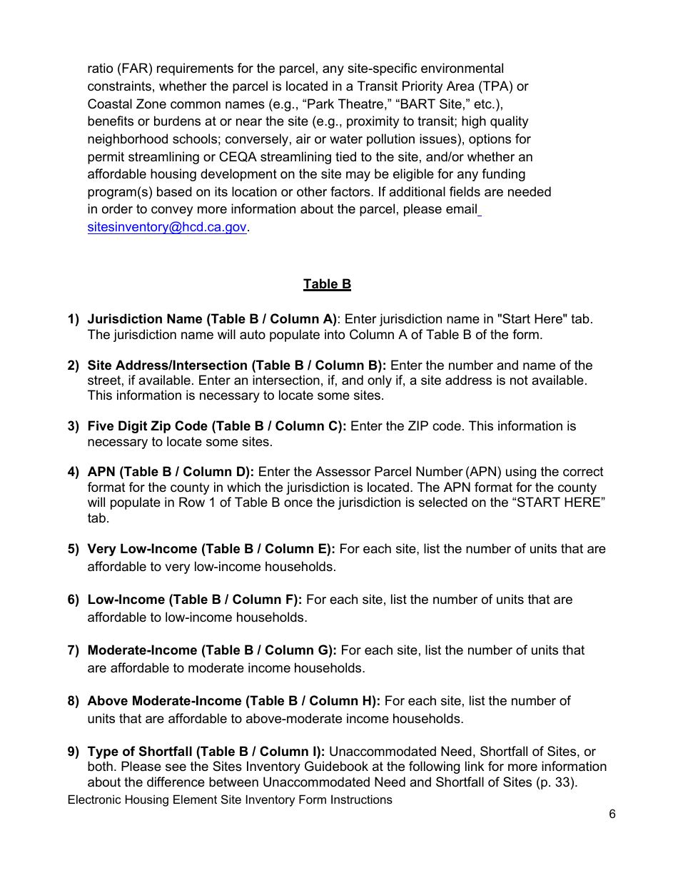 Instructions for Electronic Housing Element Sites Inventory Form - California, Page 6