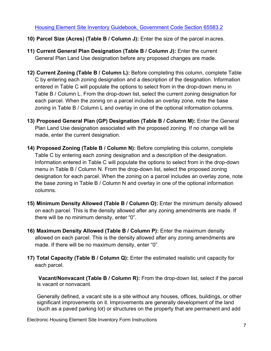 Instructions for Electronic Housing Element Sites Inventory Form - California, Page 7