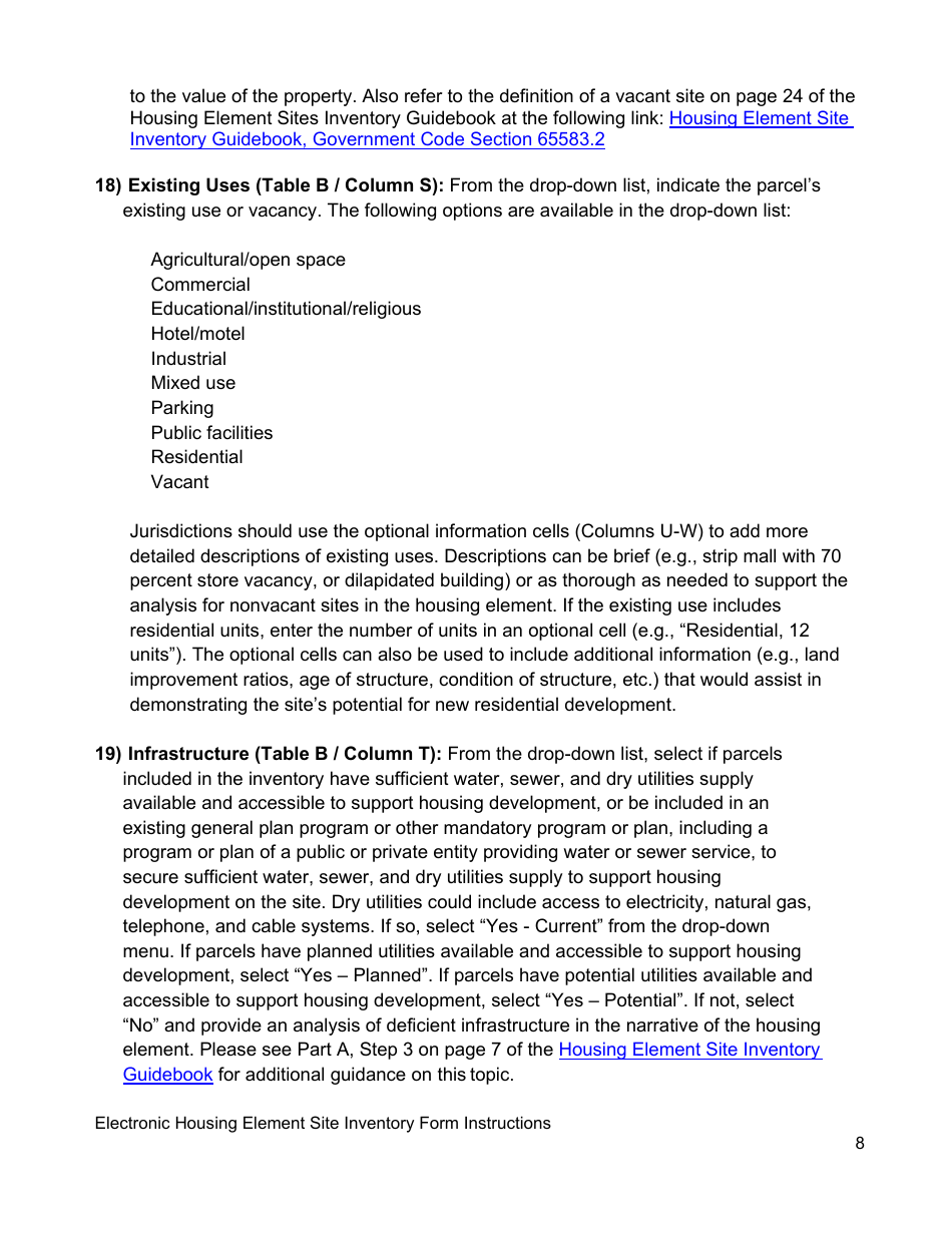 Instructions for Electronic Housing Element Sites Inventory Form - California, Page 8
