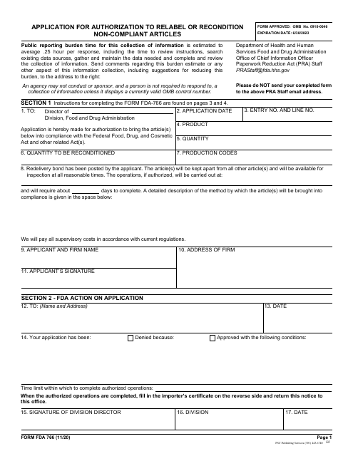 Form FDA766 Application for Authorization to Relabel or Recondition Non-compliant Articles
