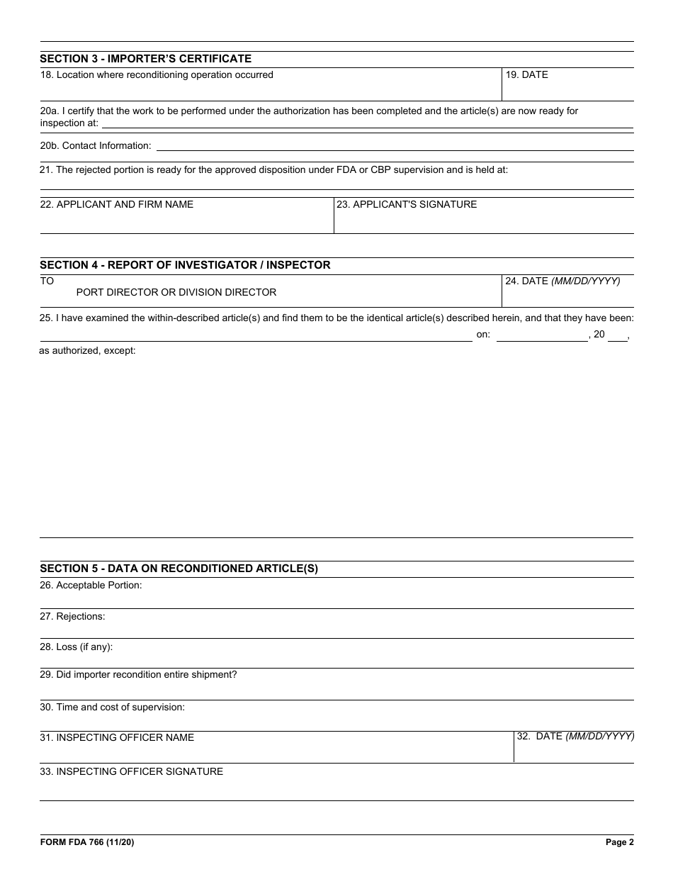 Form FDA766 Application for Authorization to Relabel or Recondition Non-compliant Articles, Page 2
