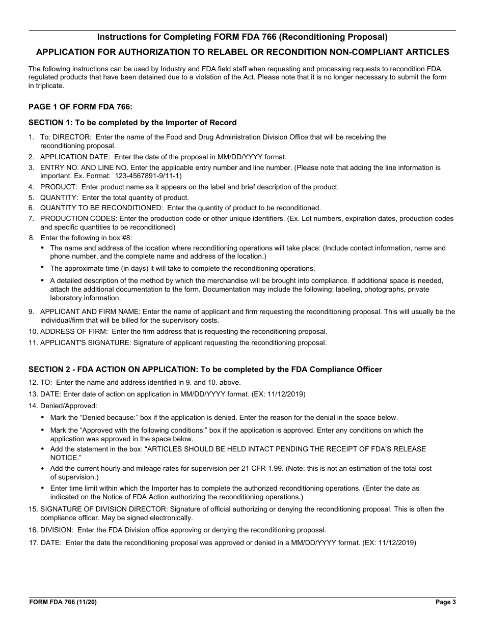 Form FDA766 Application for Authorization to Relabel or Recondition Non-compliant Articles, Page 3