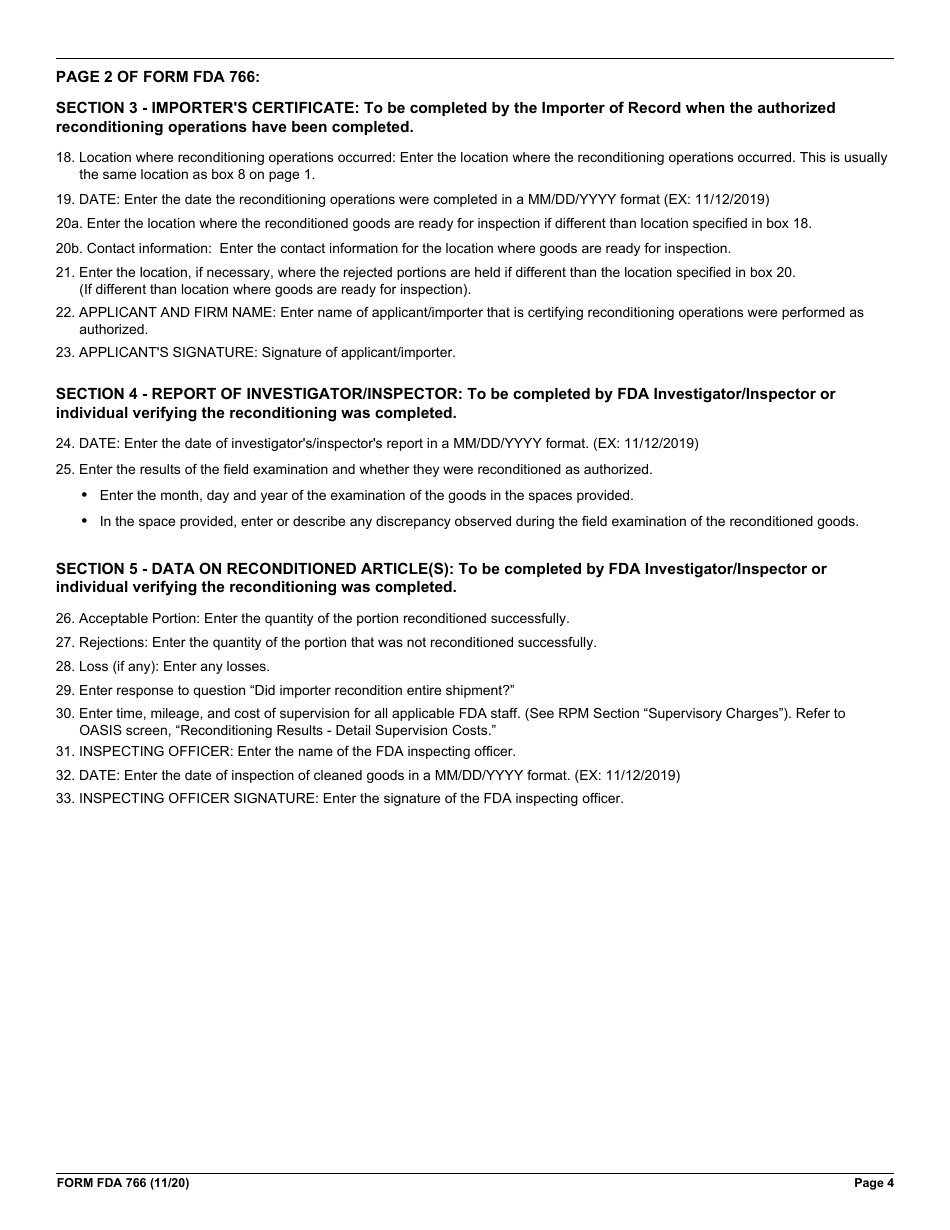 Form FDA766 Application for Authorization to Relabel or Recondition Non-compliant Articles, Page 4