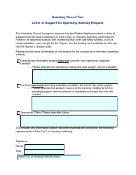 Document preview: Homekey Round Two Letter of Support for Operating Subsidy Request - California