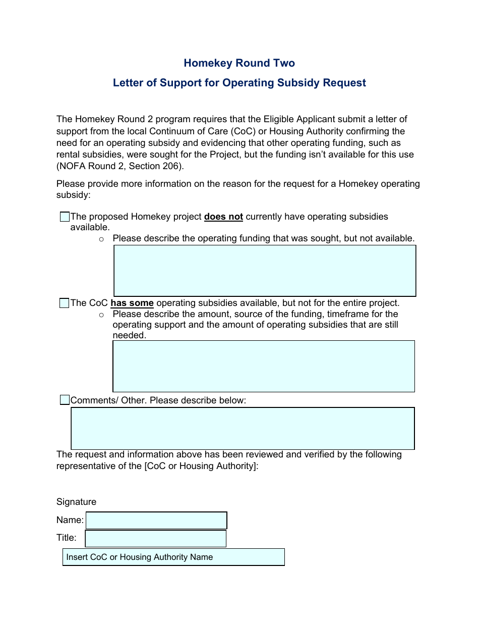 Homekey Round Two Letter of Support for Operating Subsidy Request - California, Page 1