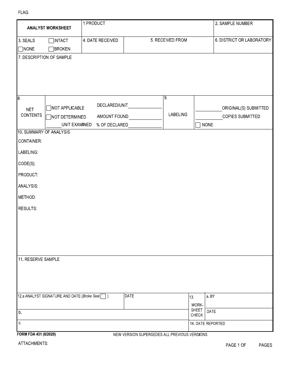 Form FDA431 Analyst Worksheet, Page 1