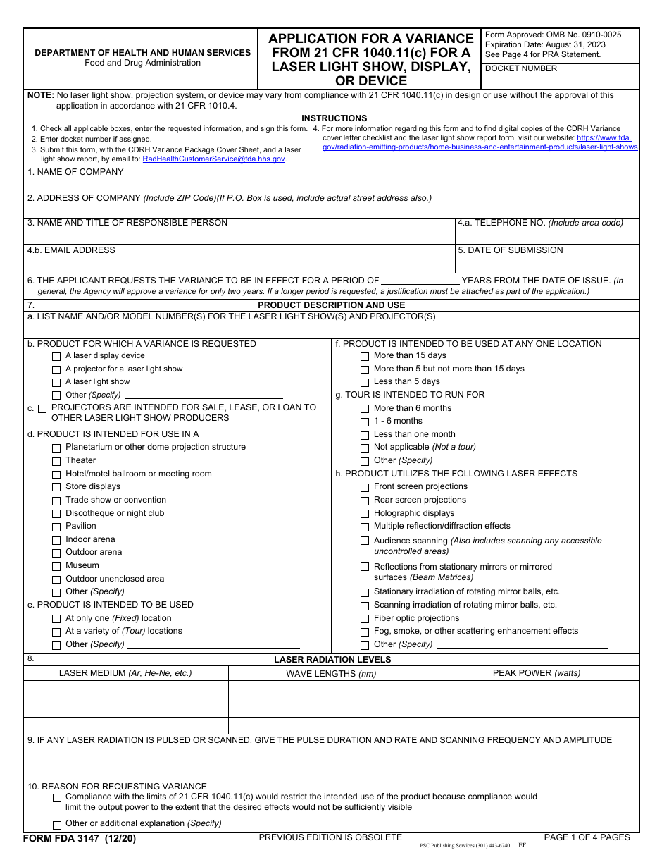 Form FDA3147 Application for a Variance From 21 Cfr 1040.11(C) for a Laser Light Show, Display, or Device, Page 1