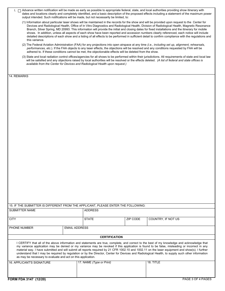 Form FDA3147 Application for a Variance From 21 Cfr 1040.11(C) for a Laser Light Show, Display, or Device, Page 3
