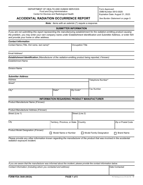 Form FDA3649 Accidental Radiation Occurrence Report