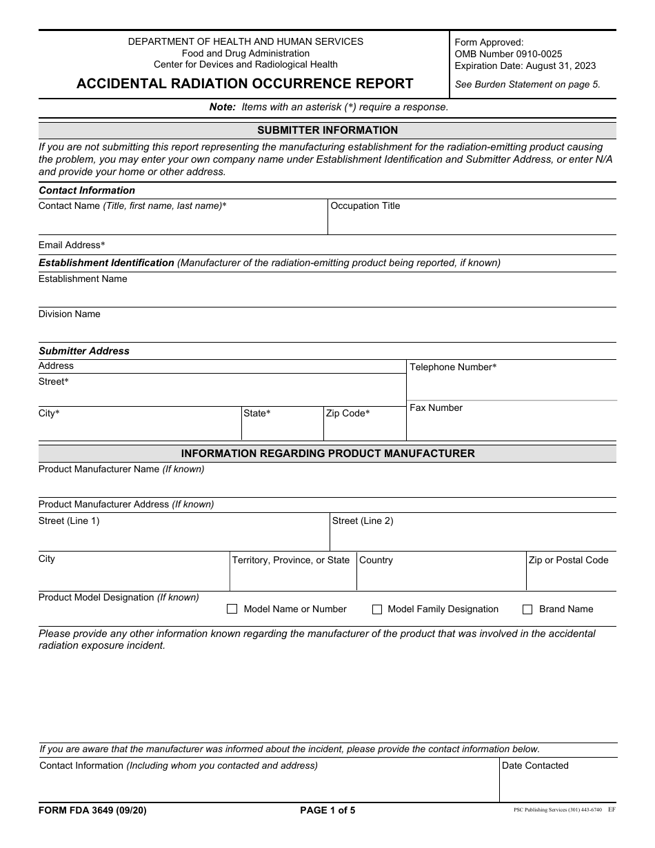 Form FDA3649 Accidental Radiation Occurrence Report, Page 1