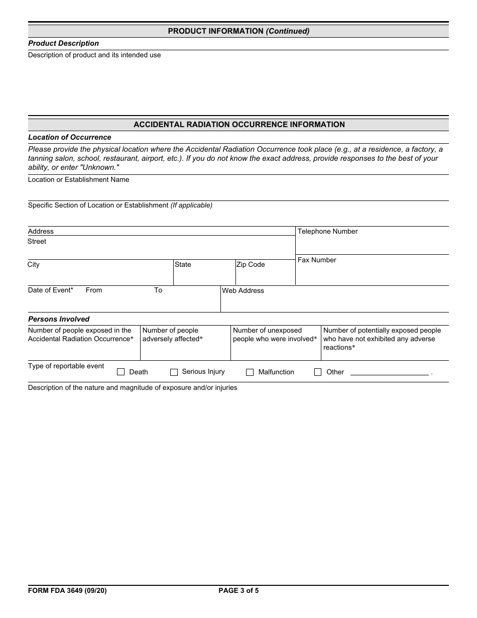 Form FDA3649 Accidental Radiation Occurrence Report, Page 3