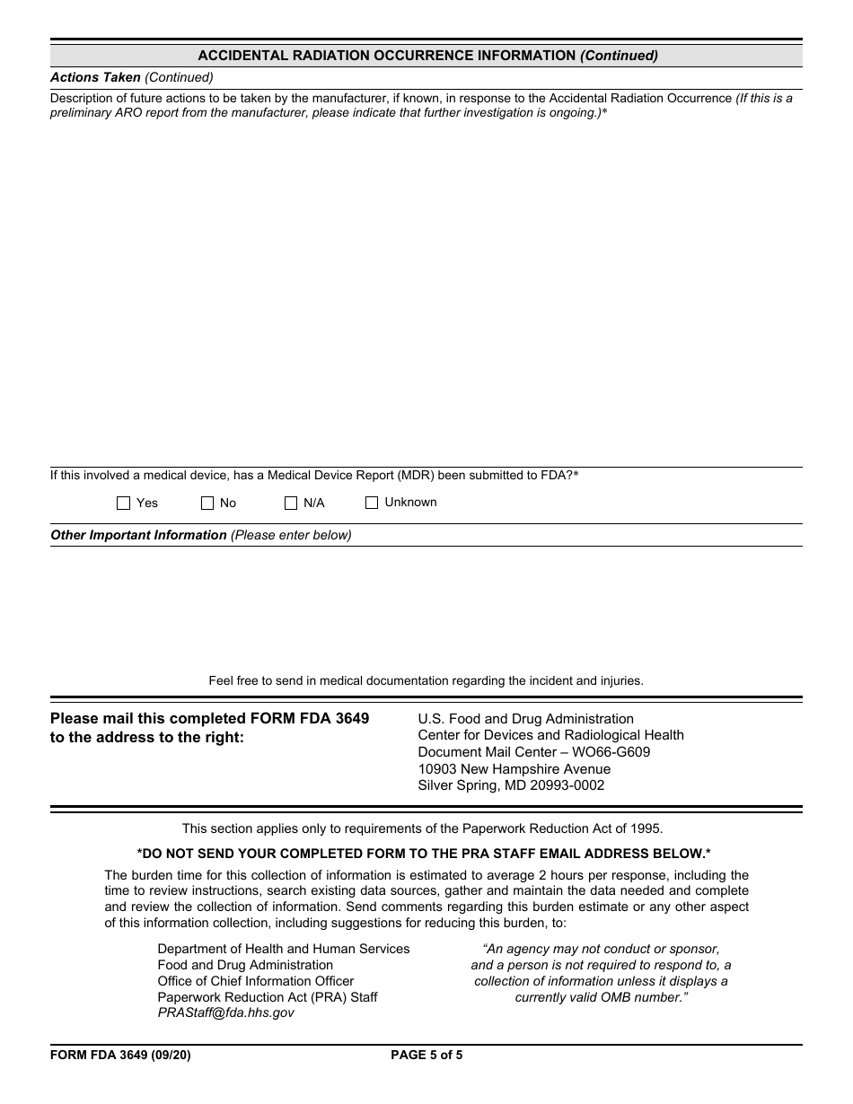 Form FDA3649 Accidental Radiation Occurrence Report, Page 5