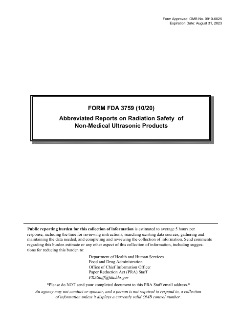Form FDA3759 Abbreviated Reports on Radiation Safety of Non-medical Ultrasonic Products