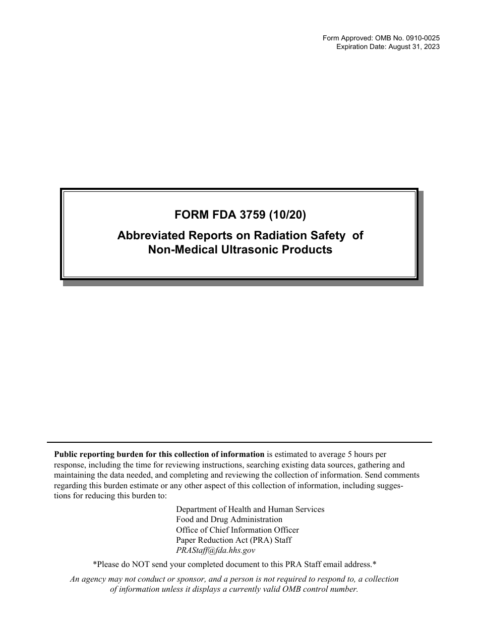 Form FDA3759 Abbreviated Reports on Radiation Safety of Non-medical Ultrasonic Products, Page 1