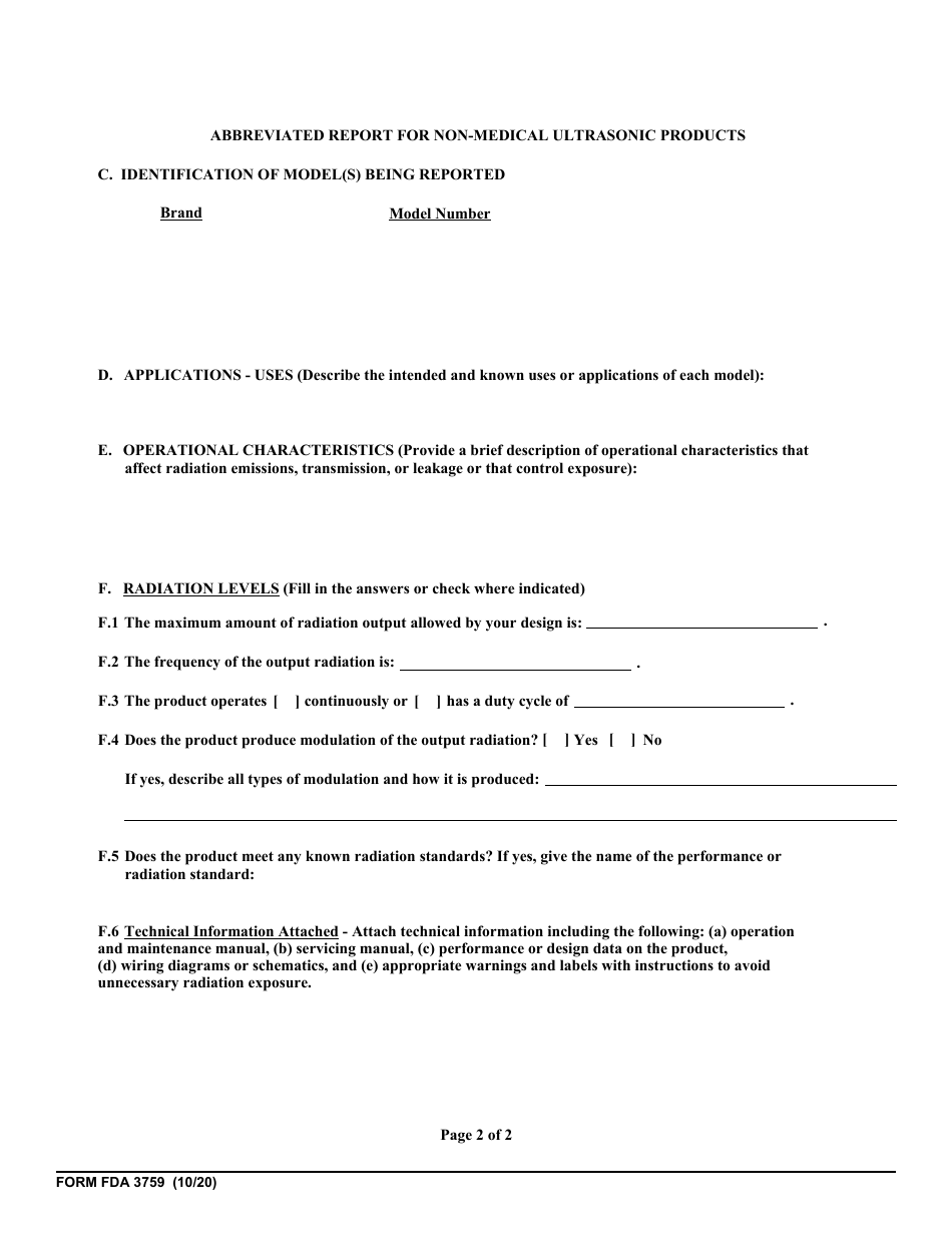 Form FDA3759 Abbreviated Reports on Radiation Safety of Non-medical Ultrasonic Products, Page 7