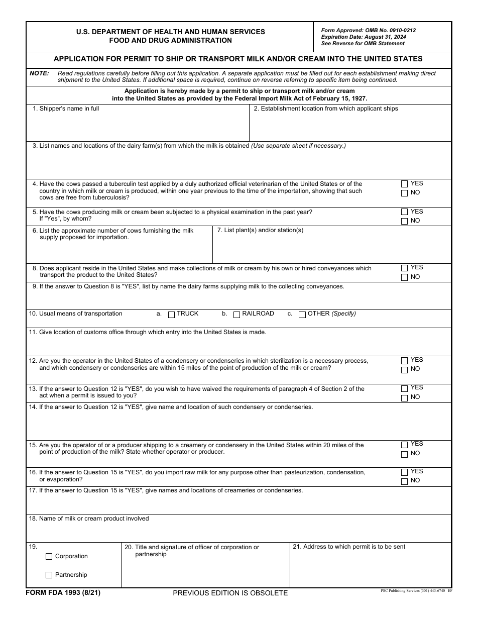 Form Fda1993 Download Fillable Pdf Or Fill Online Application For 